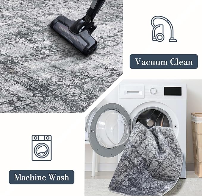 Area Rug 5×7, Vintage Boho Rug,Ultra-Soft Low Pile, Washable, Non Slip,Stain Resistant Printed Carpet for Living Room Bedrooms Playroom Office Kitchen, Dark Stone