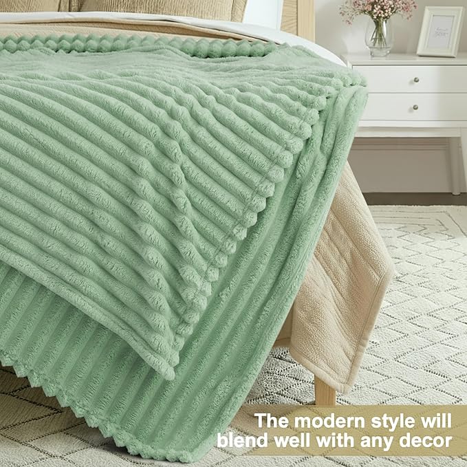 decorUhome Christmas Soft Fleece Sage Green Twin Blanket for Bed, Cozy Fluffy Plush Flannel Striped Throws for Couch Sofa, Lightweight Decorative Ribbed Fuzzy Blanket for Woman, 60x80 Inches