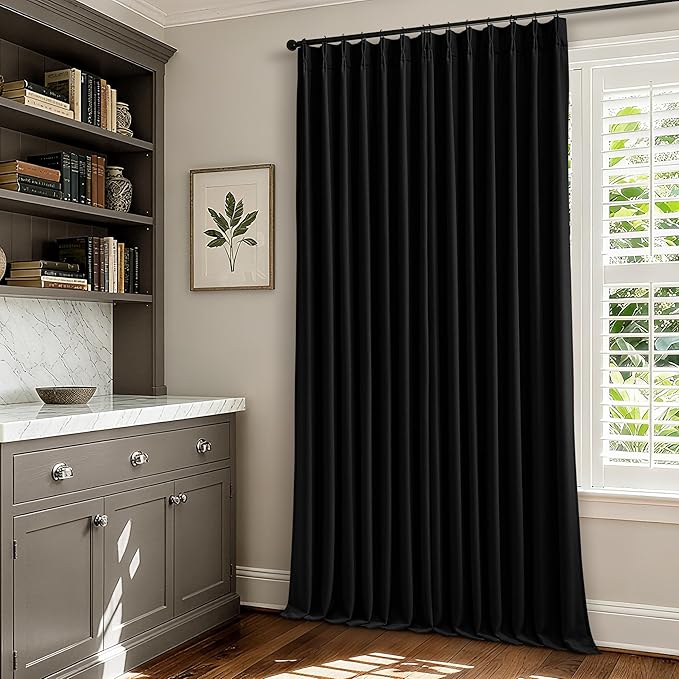Black Blackout Pinch Pleated Linen Curtains 105 Inches Long for Living Room 2 Panels Thermal Insulted Dual Layer Drapes Ceiling Floor Back Tab 105 Inch Window Curtains Bedroom Sliding Glass Door