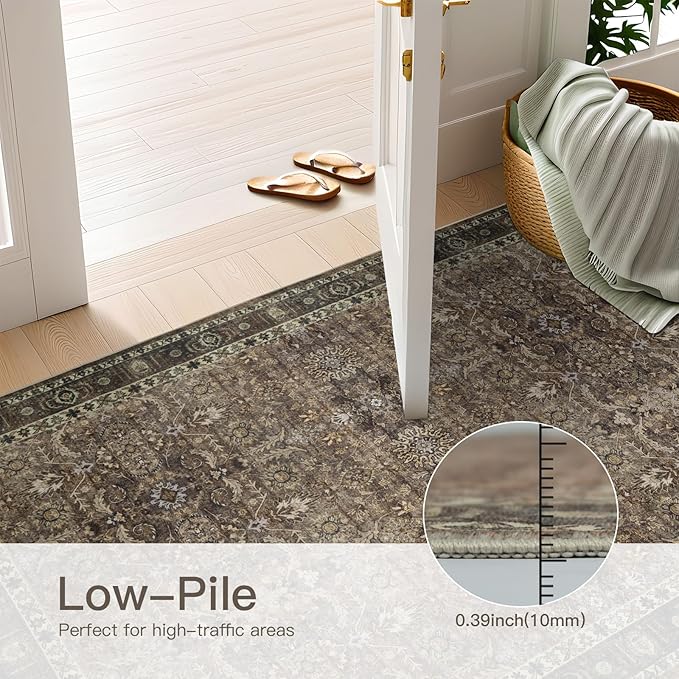 8x10 Vintage Washable Area Rug for Living Room,Low Pile Non Slip Carpet Non-Shedding Large Area Rug Soft Indoor Stain Resistant Rug Floral Print Mat for Bedroom Dining Room Brown Floral