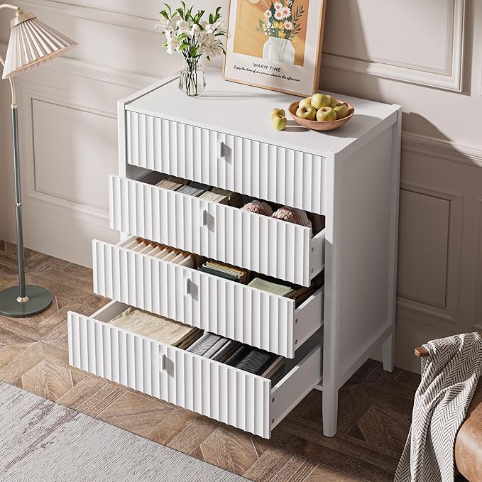 4 Drawer Dresser, Modern Chest of Drawers for Bedroom, Wood Fluted Dresser Organizer with Deep Drawers for Clothes, Nightstand for Bedroom, Hallway, Living Room, Entryway, White
