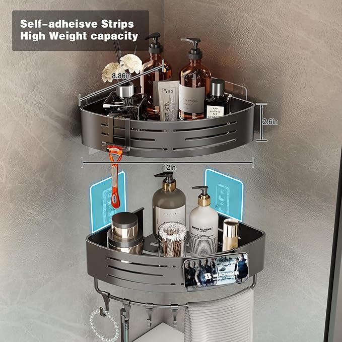 Voldra 2 Pack Corner Shower Shelves, Aluminum Stick On Showers Organizer, Modern Style, Triangular Corner Shelf, No Drilling Required