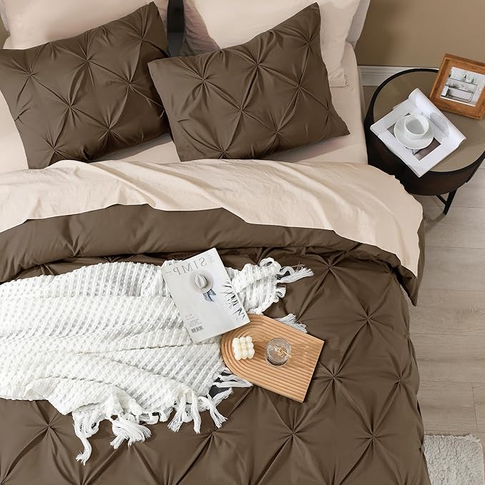 Litanika Brown California King Pinch Pleat Duvet Cover, 3 Pieces Pintuck Cover Soft Microfiber Bedding Set with Zipper Closure & Corner Ties(1 Duvet Cover, 2 Pillowcases)