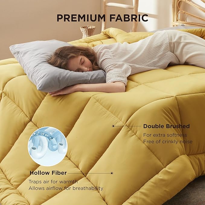 Bedsure Comforter Duvet Insert - Quilted Comforters Full Size, All Season Duvet, GentleSoft Down Alternative Bedding, with 8 Tabs, Gifts for Women/Men, Mustard Yellow, Full 86 x 82 Inches
