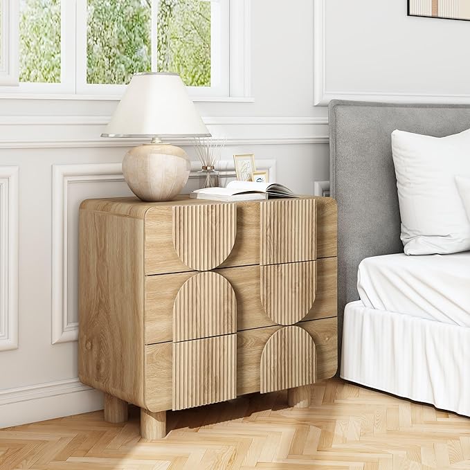 3 Drawer Dressers for Bedroom, 31.5" Wide Large Mid Century Modern Fluted Nightstand, Wood Dresser & Chest of Drawers with Curved Profile for Living Room, Entryway, Hallway, Natural