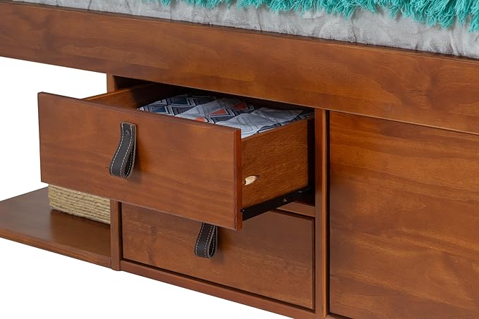 memomad Bali Slim Set: Storage Platform Bed with Drawers + Flat Panel Headboard (King Size, Caramel Brown Wood)