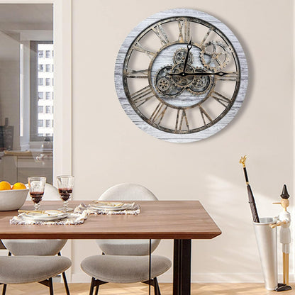 The B-Style Large Wall Clock 24 inch Moving Gear Wall Clock Oversized Vintage Farmhouse Wall Clocks for Living Room Decor Rustic Industrial Wood Clock (Silver Gray and Bronze)