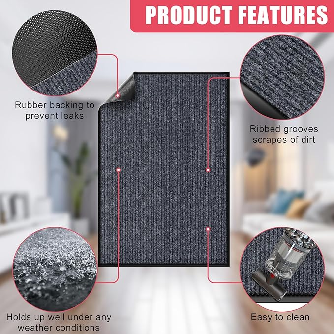 Kuyal Front Door Mat, 3'x5' Indoor Outdoor Entrance Mat, Commercial Floor Mats Inside Outside Entrance, Heavy Duty Durable Welcome Mats, Rubber Backing Non Slip Outdoor Mats for Entryway,Dark Gray