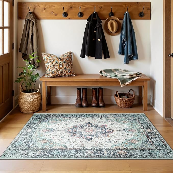 Area Rugs 3'x5' Washable Non-Slip, Floral Vintage Distress Print Pattern Medallion Carpet for Living Room Bedroom Dining Room, Green Navy Blue White Red Teal Colorful