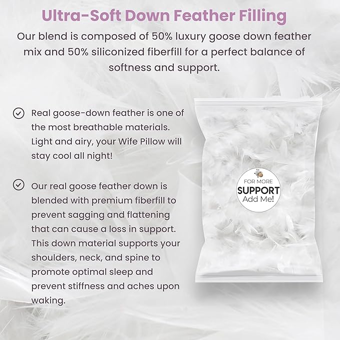 Wife Pillow - Topper, Hotel Style, 50/50 Blend: Goose Down Feather & Siliconized Fiberfill. Machine Wash & Dry. Adjustable for Side Sleepers by Zipper Access Add/Remove Filling: Soft Support