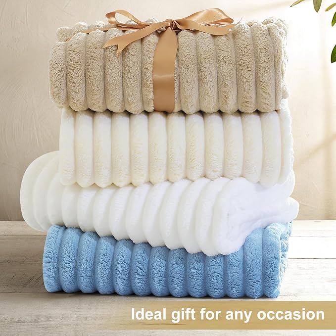 decorUhome Christmas Soft Fleece Blue Throw Blanket for Couch, Cozy Fluffy Plush Flannel Striped Blanket for Sofa Bed, Lightweight Decorative Ribbed Fuzzy Blanket for Woman, 50x60 Inches