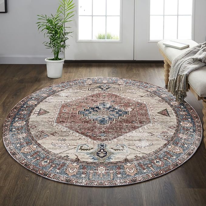 vivorug Round Rug 6ft Vintage Round Area Rug Non-Slip Indoor Carpet for Living Room Bedroom Entryway, Stain Resistant Home Decor Circle Rug, Brown