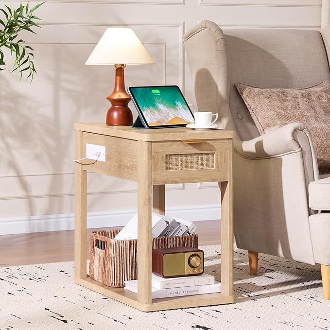 LEYAOYAO Narrow Side Table Set 2, 24x14'' Rattan Night Stand with Charging Station Drawer Storage,Natural Wood Bedside End Table for Small Spaces,Boho Nightstand for Living Room Bedroom