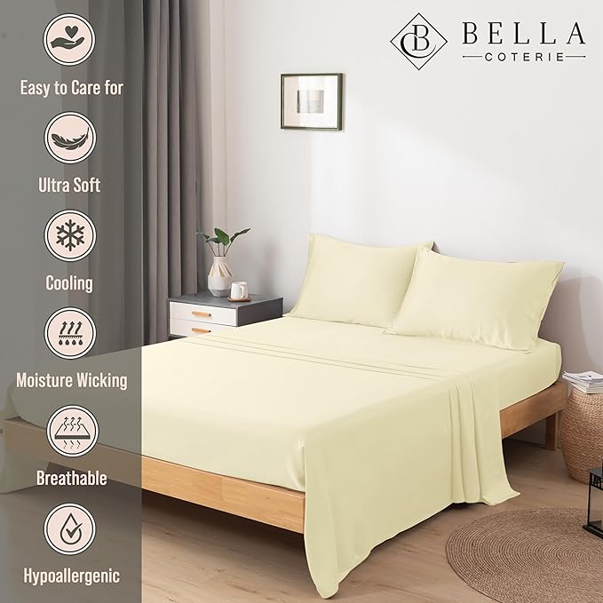 Bella Coterie Luxury Bamboo Viscose Twin Size Sheet Set | 100% Organically Grown | Ultra Soft | Cooling for Hot Sleepers | 18" Deep Pocket [Lemonade]