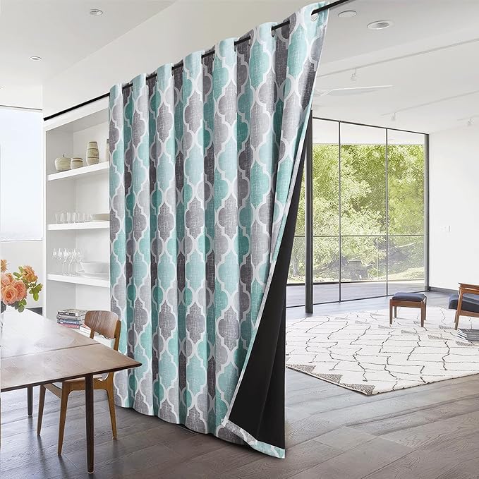 Beauoop 100% Blackout Curtains 96 Inches Long for Patio Sliding Door Aqua Grey Extra Wide Moroccan Geo Room Darkening Thermal Soundproof Room Divider Grommet Window Treatment Drapes,100x96 Set of 1