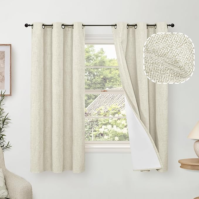 Linen Blackout Curtains for Bedroom Narrow Window, Thermal Insulated Complete Light Blocking Privacy Soundproof Small Curtains for Basement, Each 38 Inch Wide 63 Inch Length 2 Panels, Natural