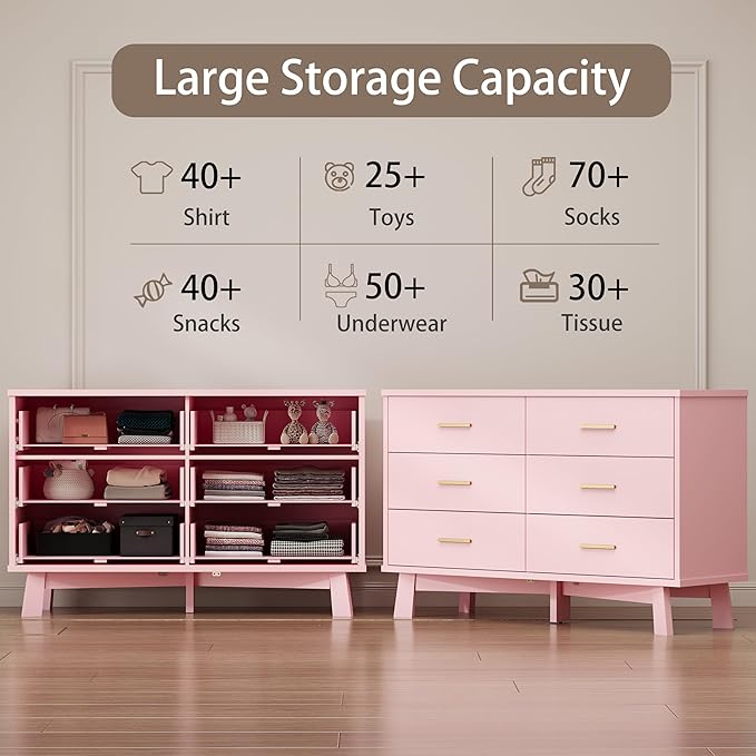 Dresser for Bedroom, 6 Drawer Wide Modern Chest of Drawers with X-Shaped Sturdy Base, Wood Double Dresser Closet Clothes Storage Organizer, Wooden TV Stand for Living Room, Hallway, Pink