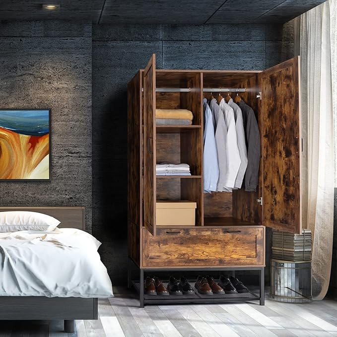 VINGLI 38" W Armoire, Wardrobe Closet with Hanging Rod, Bedroom 71" Freestanding Wardrobe Cabinet with Doors, Adjustable Shelves and Drawer, Open Compartment, Rustic Brown