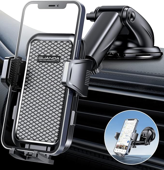 3-in-1 Car Phone Holder, Strong Suction Phone Mount for Windshield/Dashboard/Desk, Hands Free Dash Mounted Car Cell Phone Holder Stand, Truck Phone Holder for iPhone Samsung Android Smartphone