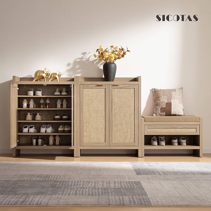 SICOTAS Shoe Cabinet Set of 3, Large Capacity Shoe Storage Organizer Cabinet, Tall Rattan Shoe Cabinet with Doors and Shelves, 6-Tier Farmhouse Boho Wooden Storage Cabinet for Entryway, Light Oak