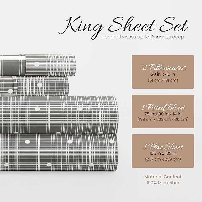 Linen Market 4 Piece King Sheet Set - Breathable, Double-Brushed Patterned Cooling Sheets – Oeko-TEX Certified Ultra Soft & Wrinkle-Free 16" Deep-Pocket King Sheets - Easy Care Polka Dot Gray