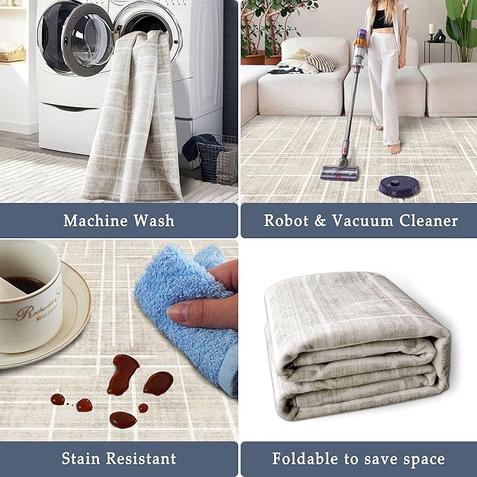 5x7 Area Rugs - Ultra-Thin Washable Rug with Non-Slip Backing, Ideal for Living Room, Bedroom, Kitchen Floor Beige Carpet - Modern Neutral Style, Easy Clean, Durable, Low Pile Rug