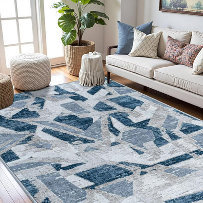 Modern Abstract Blue 6X9 Area Rug for Living Room Bedroom Washable, with Non-Slip Rubber Backing Print Faux Wool Thin, Throw Large Carpet for Kids Playroom Dining Room Pet & Child Friendly