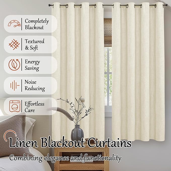 60 Inch Wide Linen Blackout Curtains for Bedroom 63 Inch Length 2 Panels, Total Black Out Thermal Insulated Energy Efficiency Grommet Boho Window Drapes White Liner for Modern Farmhouse, Cream