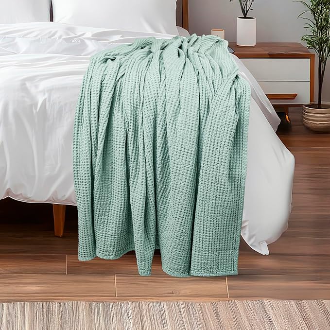 HILLFAIR 100% Combed Cotton Blanket– Twin Size Bed Warm Soft All Season Breathable Lightweight Summer Blankets– Waffle Weave Home Decor Bed Blanket- Sage Twin Cotton Blankets/Bedcovers