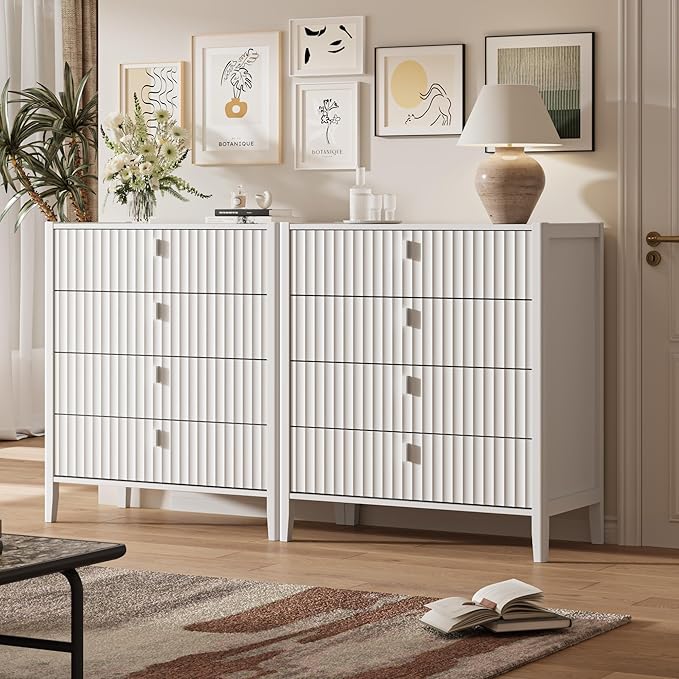 4 Drawer Dresser, Modern Chest of Drawers for Bedroom, Wood Fluted Dresser Organizer with Deep Drawers for Clothes, Nightstand for Bedroom, Hallway, Living Room, Entryway, White