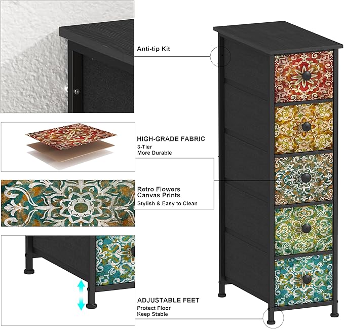 GiftGo Retro Skinny Dresser with Fabric Drawers Thin Slim Boho Mandala Flower Chest of Drawers Narrow Storage Tower for Small Spaces Gaps Bedroom Beautiful Nightstand Living Room Table