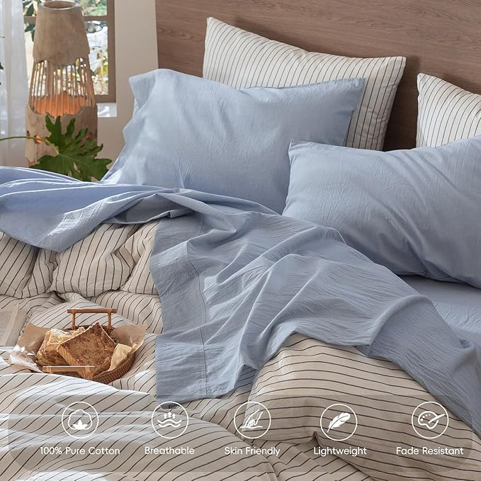 MooMee Bedding Sheet Set 100% Washed Cotton Linen Like Textured Breathable Durable Soft Comfy (Heathered Cornflower Blue, King)