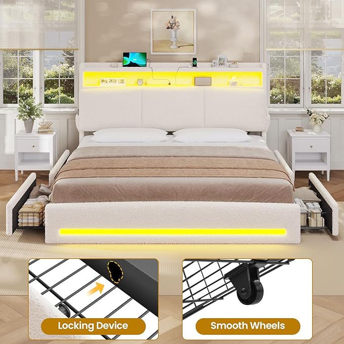 VIAGDO King Bed Frame with Storage Headboard and Charging Station, Boucle Upholstered Bed Frame King Size with 4 Drawers and LED Lights, Type C and USB, No Box Spring Needed, Cream White