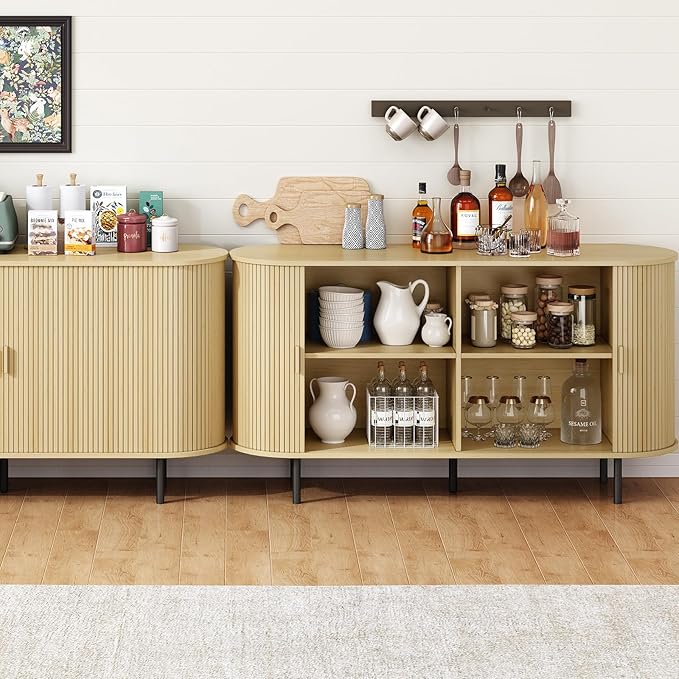 ONBRILL 55" Sideboard Buffet Cabinet with Storage, Sliding Door & Adjustable Shelf, Modern Accent Coffee Bar Console Table for Kitchen, Entryway, Oak