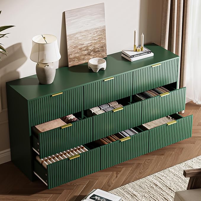 Green 9 Drawer Dresser for Bedroom, 63" Wide Modern Fluted Dresser with Gold Metal Handles, Chest of Drawers for Bedroom, Living Room, Entryway, Hallway