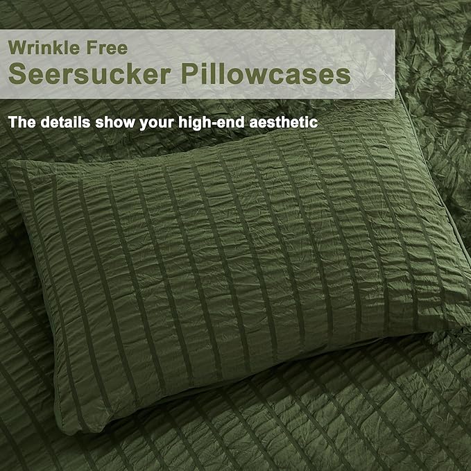AveLom Dark Olive Green Seersucker Duvet Cover Set Full (80 x 90 inches), 3 Pieces (1 Duvet Cover + 2 Pillow Cases), Ultra Soft Washed Microfiber, Textured Duvet Cover with Zipper Closure, Corner Ties