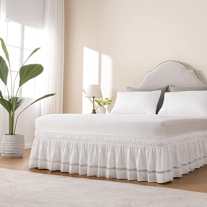 MIYE Wrap Around Ruffled Lace Bed Skirt, Elastic Dust Ruffle with Adjustable Belts,15 Inch Drop Easy to Put On, Bed Frame Cover, Machine Washable (Ruffled Lace, King/Queen-15)
