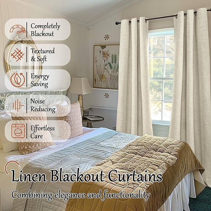 Linen Blackout Curtains for Living Room Narrow Window, Thermal Insulated Complete Light Blocking Privacy Soundproof Small Curtains for Bedroom, Each 38 Inch Wide 80 Inch Length 2 Panels, Natural