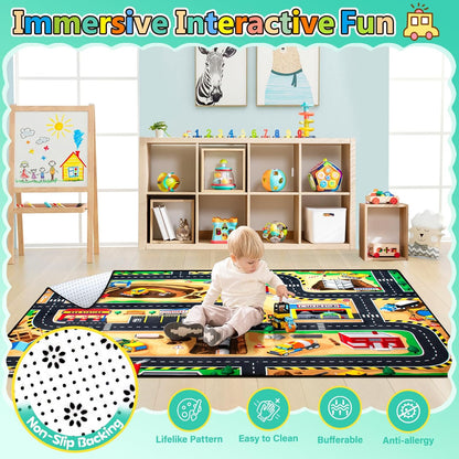Kids 4x6 Ft Construction Site Play Rug, Baby Play Mat, Tufted Wool & Rubber, Non-Slip, Stain & Fade Resistant, Machine Washable, Rustic Cartoon Construction Site Pattern