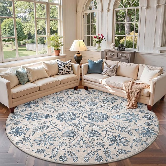 jinchan Torino Classic Floral Round Rug 7ft, Vintage-Inspired Design 7’Circle Rug, Machine Washable Ultra-Thin Low-Pile Non-Slip Indoor Carpet for Bedroom Dining Room Living Room, Dark Blue