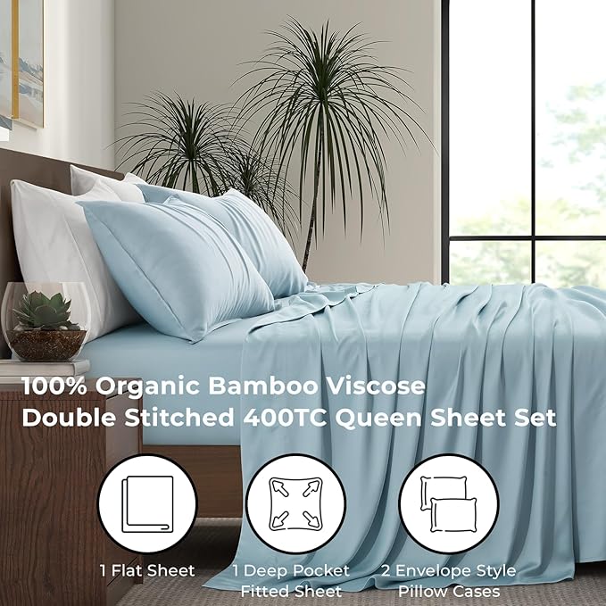 Luxury Bamboo Market | Queen Size Bed Sheet Set | 100% Viscose Made from Bamboo | Organically Grown | Ultra Soft | Cooling Sheets for Hot Sleepers | 17" Deep Pocket [Spa Blue]