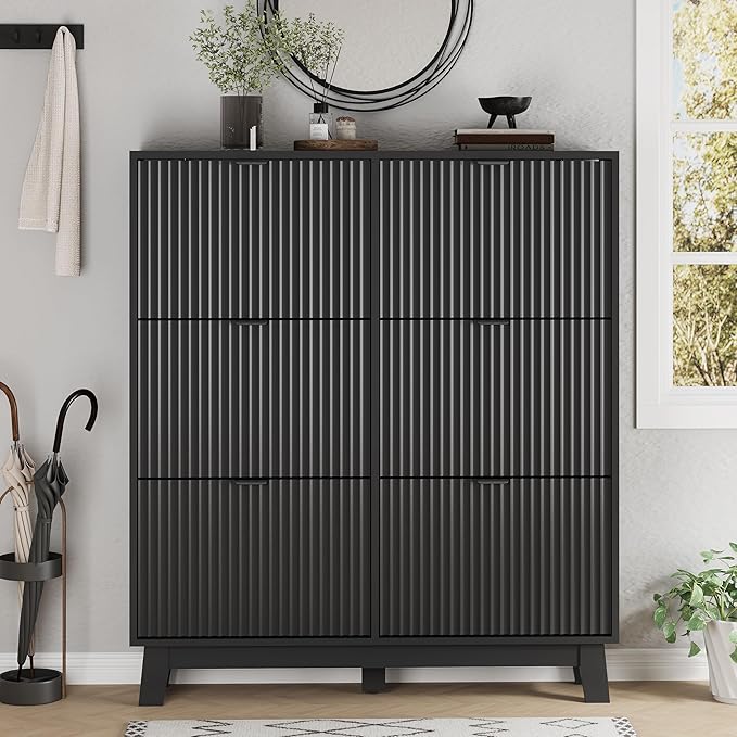 Shoe Cabinet with 6 Flip Drawers, 54" Tall Narrow Fluted Shoe Storage Organizer for Entryway, Hidden Slim Wooden Shoe Rack Cabinet for Front Door Entrance, Hallway, Living Room, Solid Black