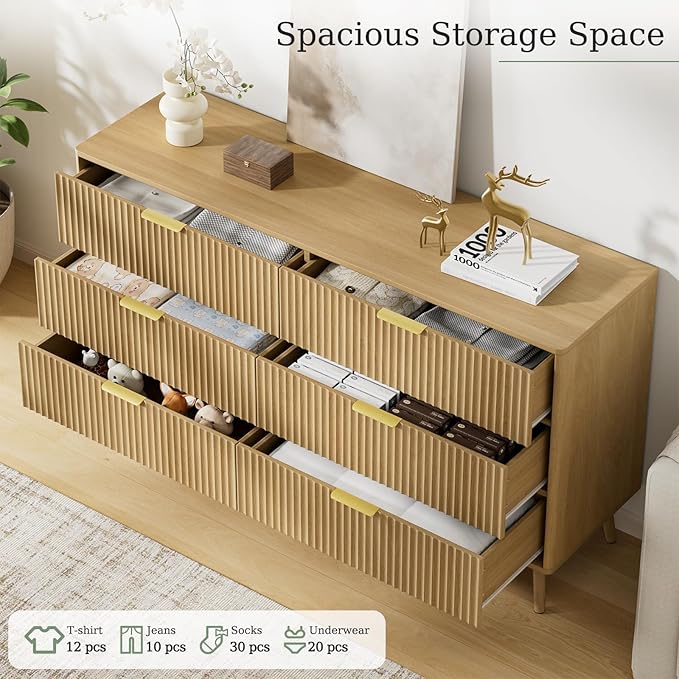 LYNSOM 55" Wide Fluted Dresser for Bedroom with 6 Drawer, Modern Chest of Drawers with Curved Profile Design and Metal Handles, Wood Dresser TV Stand & Storage Organizer for Living Room, Oak