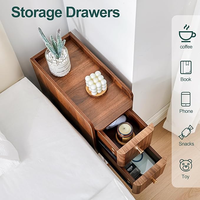 Narrow Nightstand Set of 2, Wooden Small 2 Drawer Nightstand, Slim Side End Table, Skinny Bedside Table, Mid Century Modern Night Stand with Drawers, for Bedroom (Walnut-2pcs)