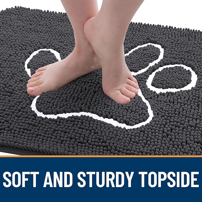 OLANLY Dog Door Mat for Muddy Paws 59x24, Paw Print Design, Absorbs Moisture and Dirt, Absorbent Non-Slip Washable Doormat, Quick Dry Chenille Mud Mat for Dogs, Entry Indoor Entryway Carpet, Dark Grey