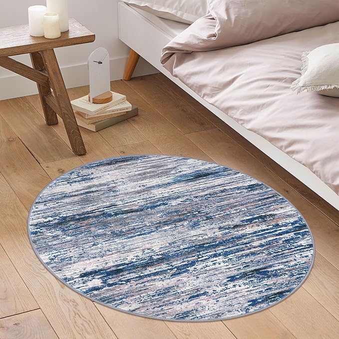 3' Washable Round Rug for Entryway, Navy Blue Gray Neutral Multi Soft Non-Slip Area Rugs Modern Abstract Low-Pile Carpet, Neutral Vintage Circle Rugs for Living Room Dining Bedroom Foyer