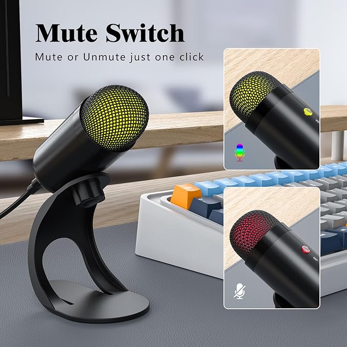 LIANGSTAR USB Computer Microphone, Podcast Mic Desktop with Mute Button for Recording Streaming, Color Change, Omnidirectional Condenser, Plug and Play with Stand for PC, Laptop, Mac, YouTube