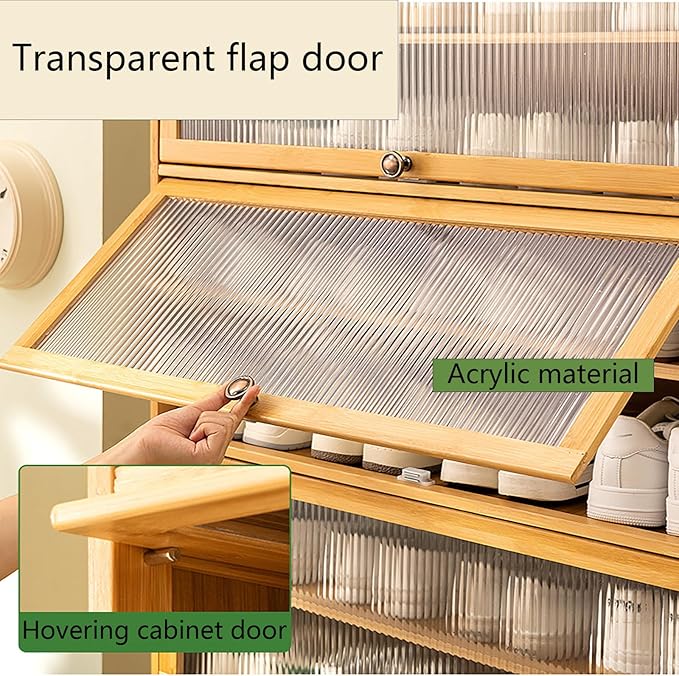 Bamboo Shoe Cabinet with Acrylic Door,10-Tier Shoe Storage Rack, 40-45 Pairs Freestanding Shoe Rack, Entrance Shoe Cabinet for Hallway Living Room
