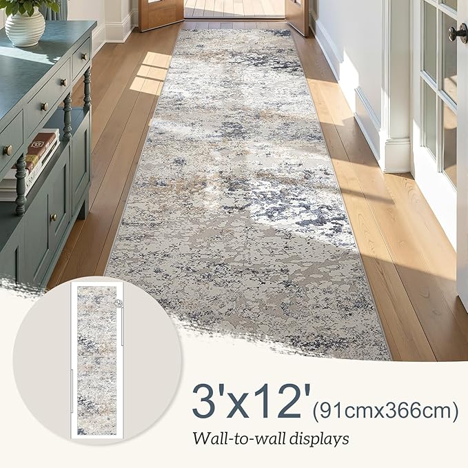 Washable Runner Rug for Hallway: 3x12 Neutral Modern Abstract Low Pile Area Rug with Non-Slip Backing - Carpet for Bedroom Kitchen Laundry Entryway Bathroom Indoor -Beige Blue