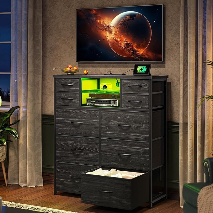 Dresser for Bedroom with 10 Drawers Featuring LED Light and Power Outlet, Fabric Dressers & Chest of Drawers with Open Shelves for Hallway, Living Room, Metal Frame,Wood Top,Grain Black